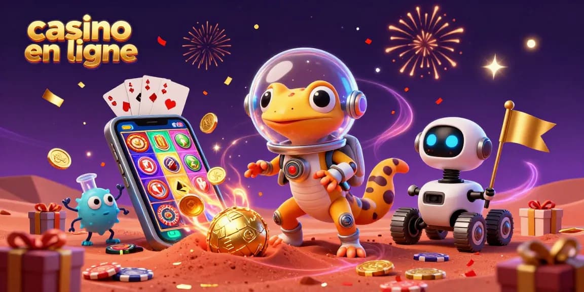 Casino en ligne avec un lézard martien découvrant un casino doré, entouré de jeux et de confettis.