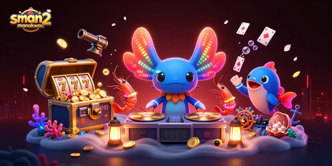 Gambaran dinamis sman2manokwari dengan DJ axolotl neon dan elemen kasino bawah air yang penuh warna dan harta karun.