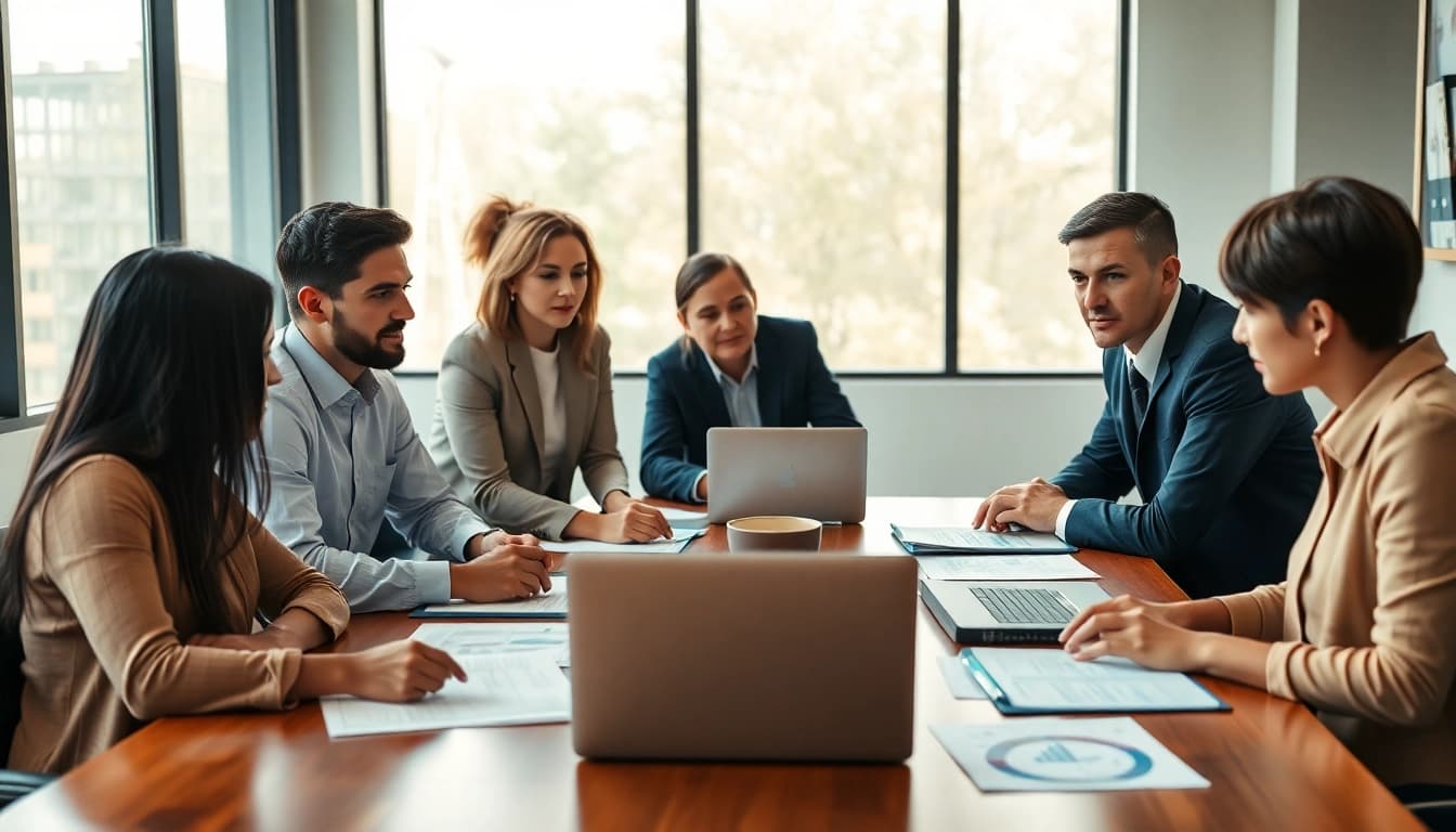 Discussing contracts and grants with a professional group at a conference table.