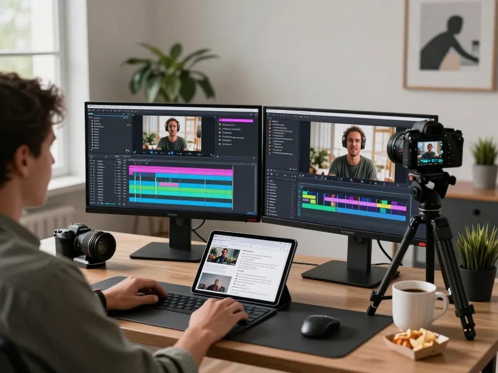 Content creator using video to prompt ai for generating video prompts in modern workspace.