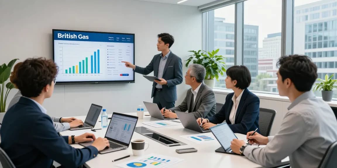 Team discussing british gas business gas solutions in a modern office, showcasing collaborative energy pricing strategies.