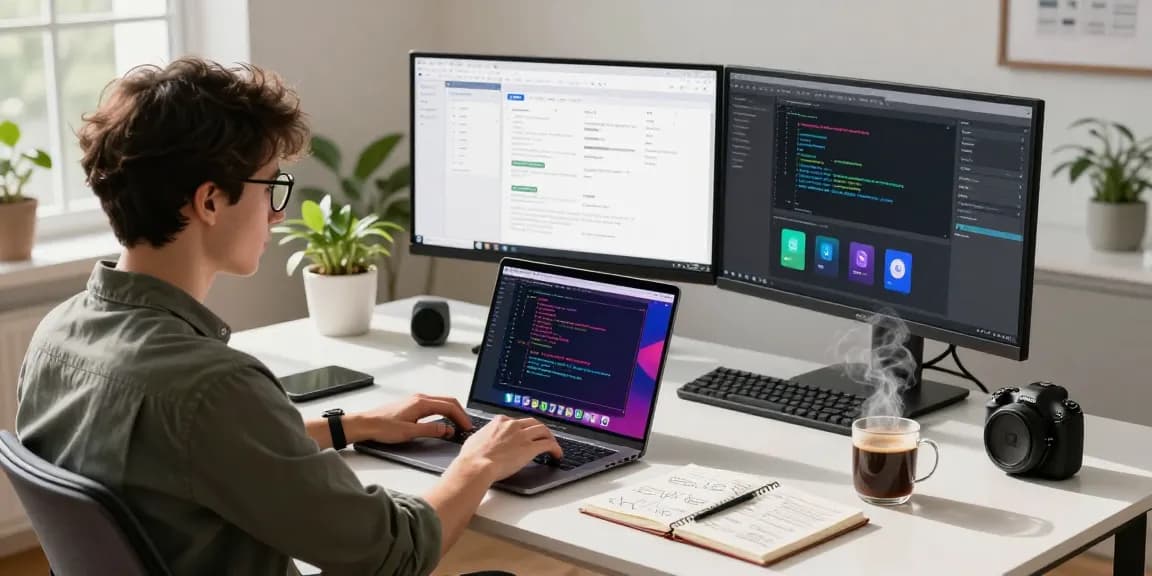 Developer using the 纸飞机中文版 software in a modern workspace filled with tech gadgets and coding tools.