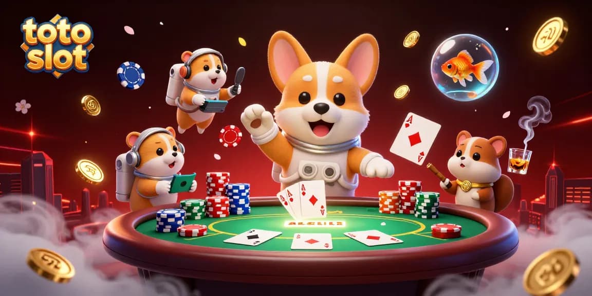 Experience thrilling gameplay with toto slot in a dynamic casino scene featuring a floating cartoon corgi.