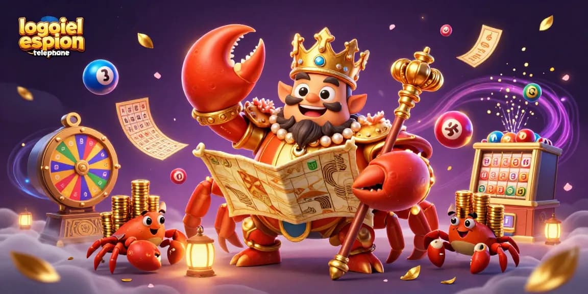 Jouez à logiciel espion téléphone avec une scène animée de crabes dorés et des éléments de loterie.