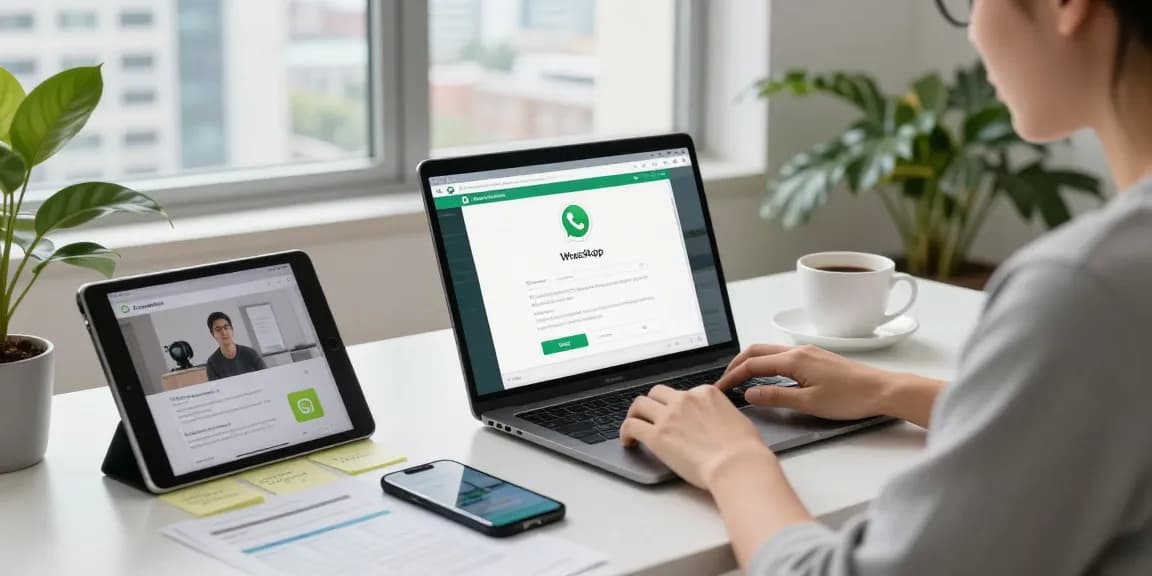 User engaging with WhatsApp網頁版 on a modern workspace with digital devices and natural light.