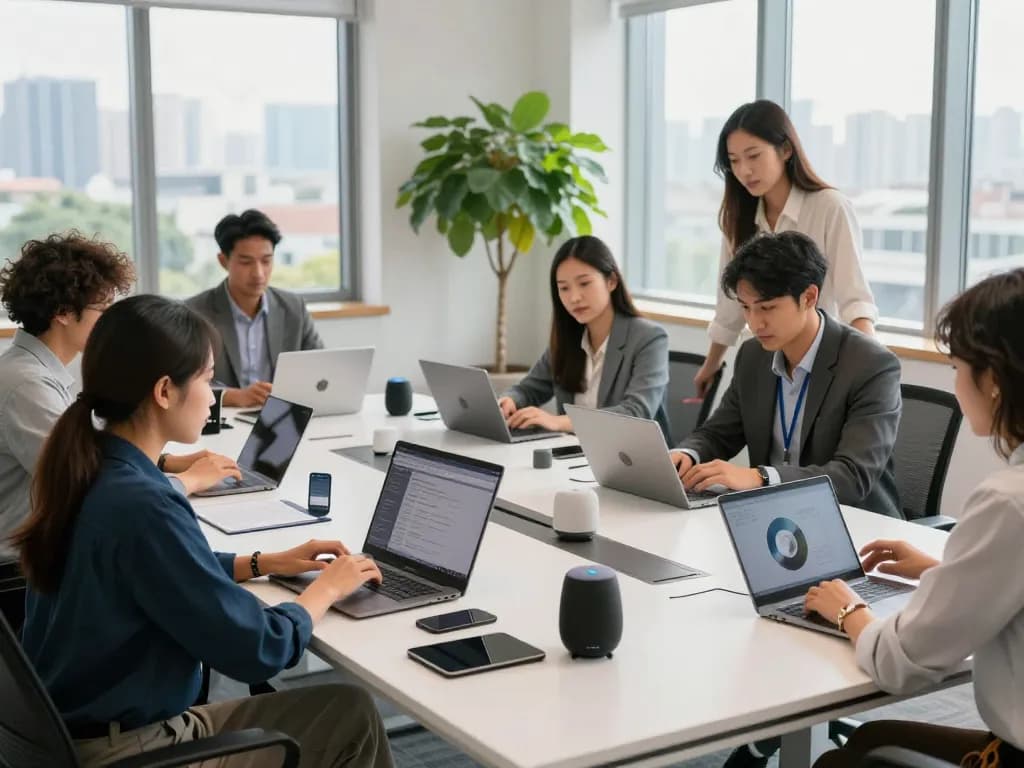 Modern office collaboration with tech gadgets for productivity enhancing teamwork and focus