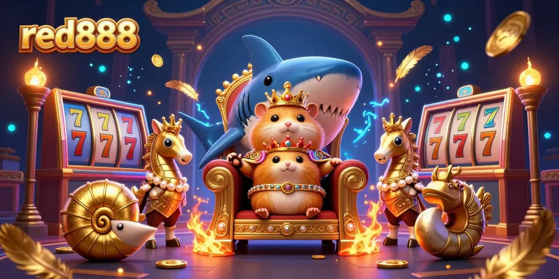Join the thrilling world of red888, featuring an epic scene with a golden hamster king ruling a casino-themed arena.
