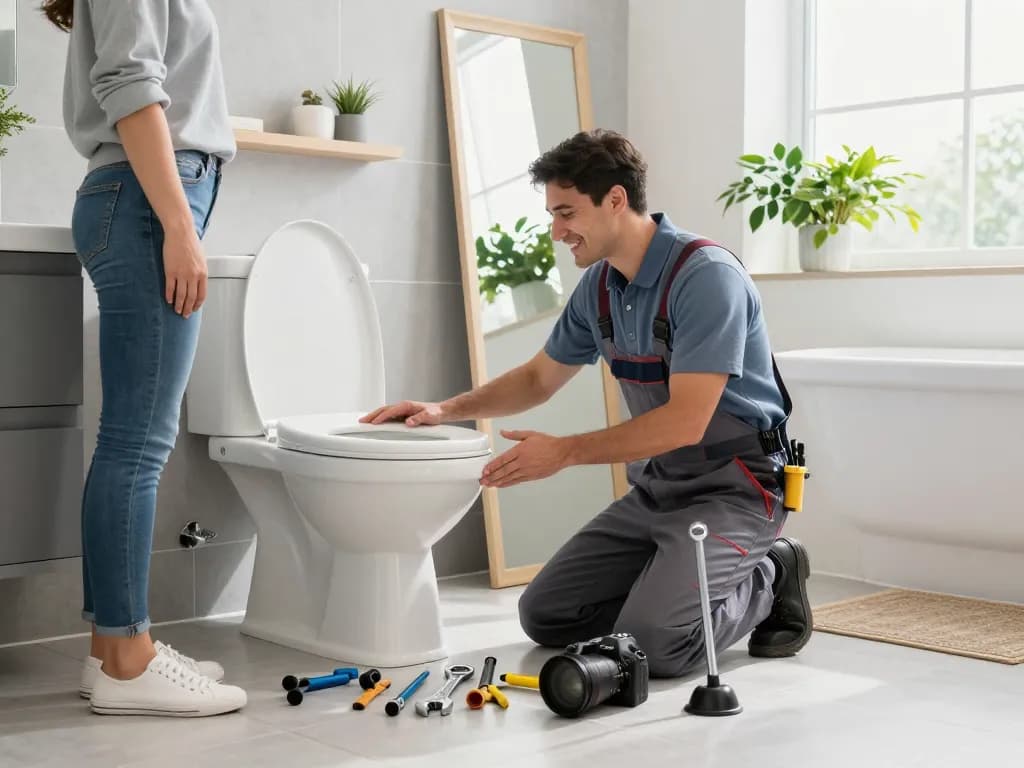 Apex Plumbing Services local plumbers fixing toilet in bright bathroom, showcasing expert repair and friendly service.