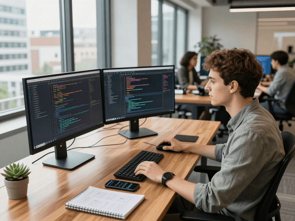 Developer coding bro138 application features in modern tech workspace.