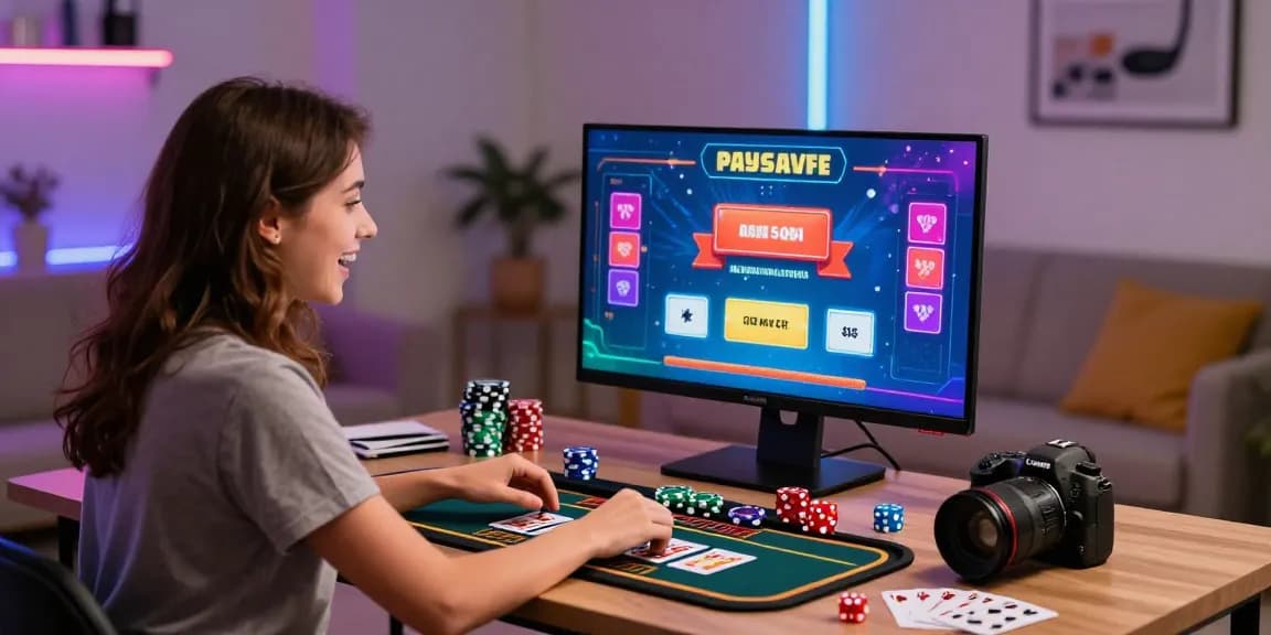 Ein Paar genießt ein Live-Dealer-Spiel in einem Paysafe-Card-Casino in einem lebhaften Home Office.
