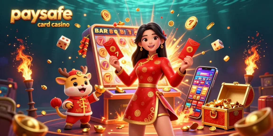 Erleben Sie die Aufregung des Paysafe Card Casinos mit einer bunten, lebendigen 3D-Szene, die eine asiatische Frau und festliche Elemente zeigt.
