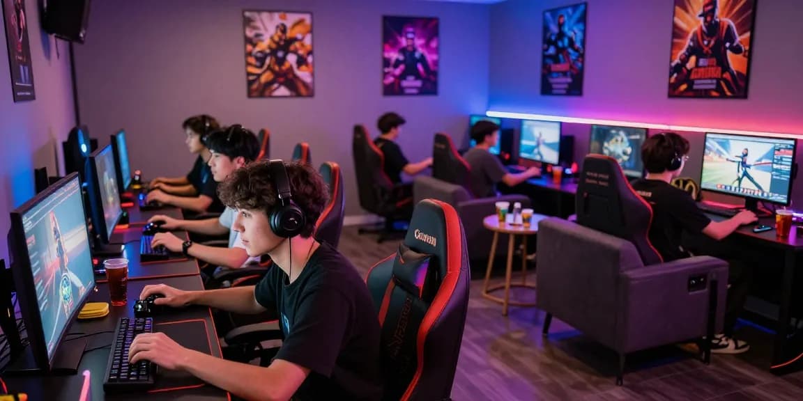 Thrilling gaming experience at https://naga2000.tech with enthusiasts playing in a vibrant lounge.