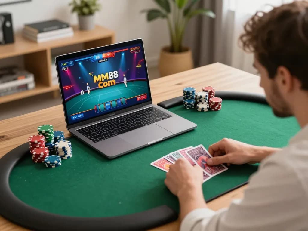 Engaging poker gameplay on MM88 com displayed on a laptop while strategizing gaming moves in a cozy home office