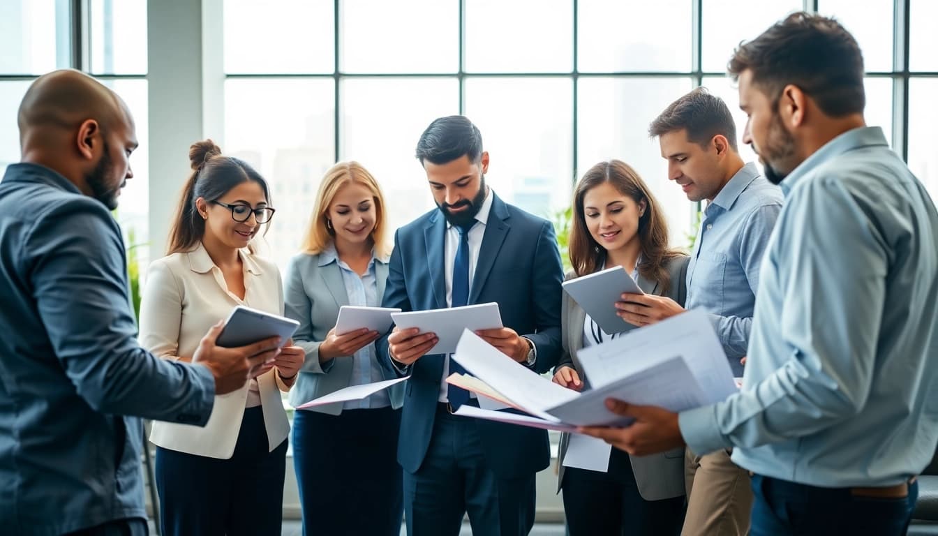 Engaged team navigating contracts and grants in a vibrant office environment, showcasing collaboration and expertise.