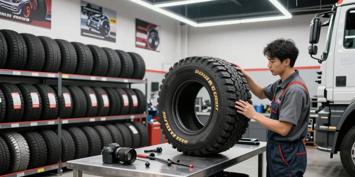 Mechanic inspecting Double Coin RR99 tires in a bright automotive workshop.