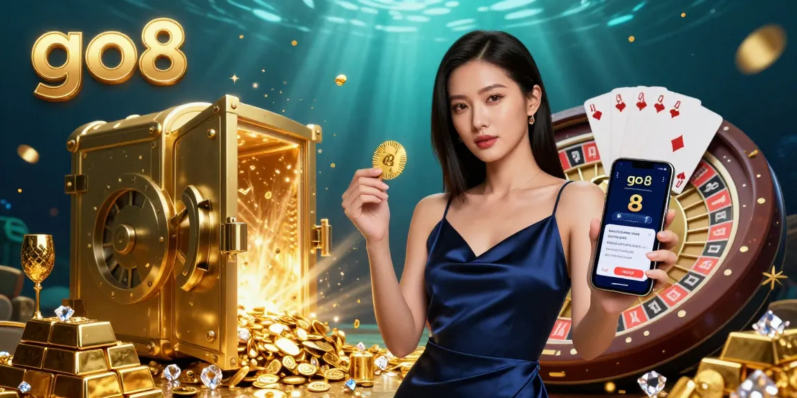 Play exciting go8 casino games, featuring a stunning woman with gold chips and smartphone amidst dazzling treasures.
