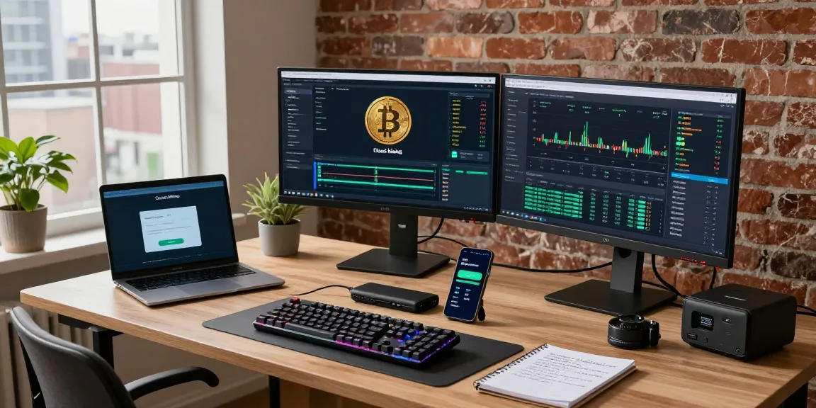 Dynamic home office cryptocurrency setup showcasing cloud mining site with dual monitors and digital wallet