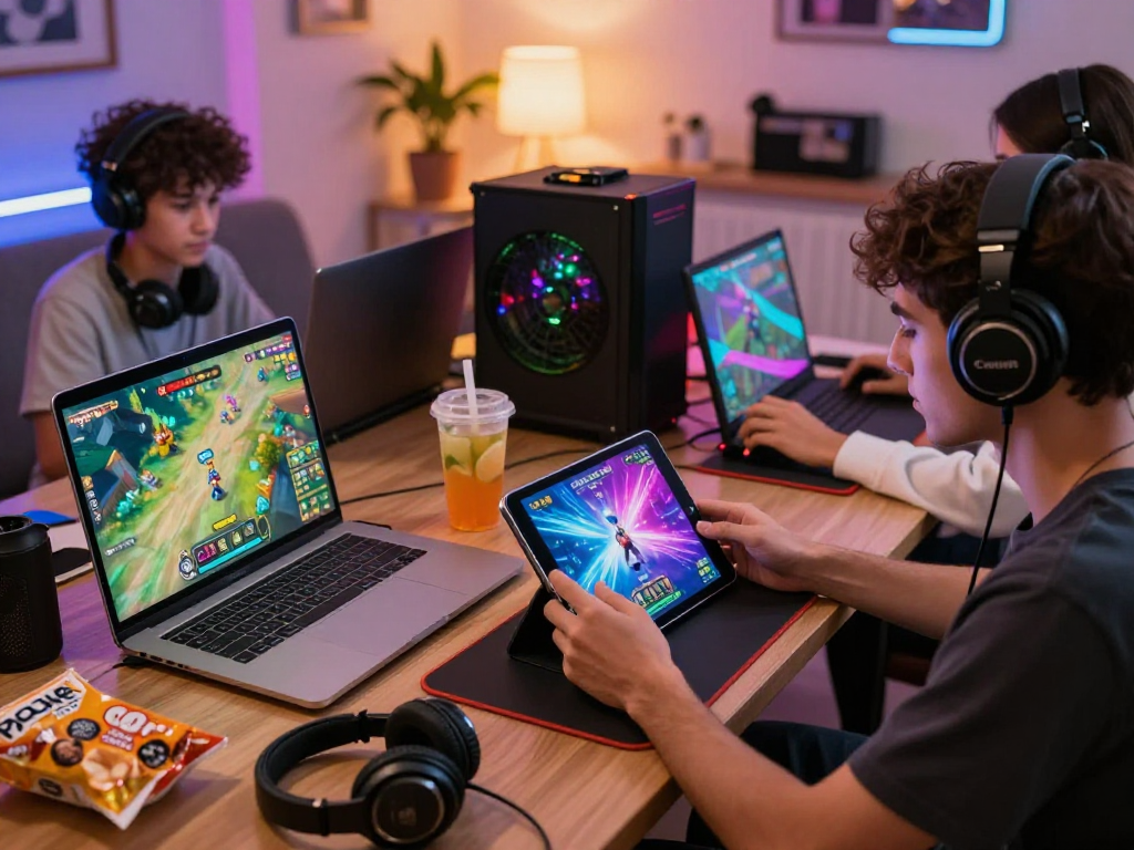 Engaging players enjoying porngames on various devices in a cozy gaming setup.