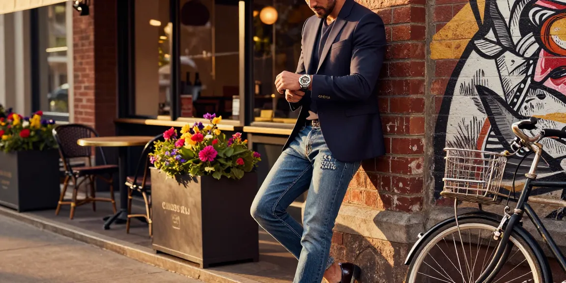 Stylish man checking his replica watch in an urban setting featuring vibrant street art and café ambiance.