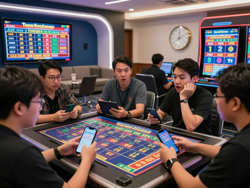 Togel Hongkong players eagerly watching live results on digital screens in a vibrant online gambling environment.