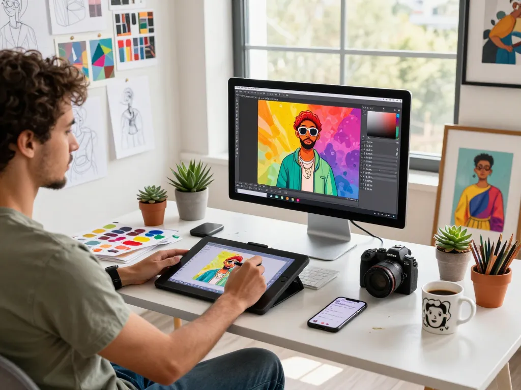 Artist using an image to prompt tool in a vibrant digital art studio.