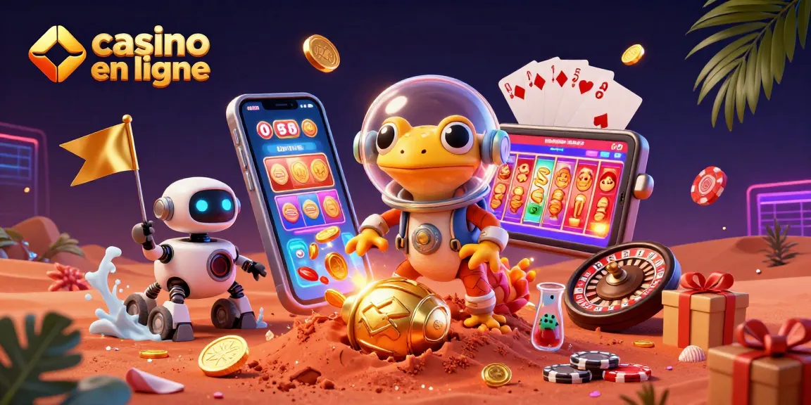 Une illustration 3D de casino en ligne, avec un gecko Martien et un rover, entourés d'éléments de jeux.