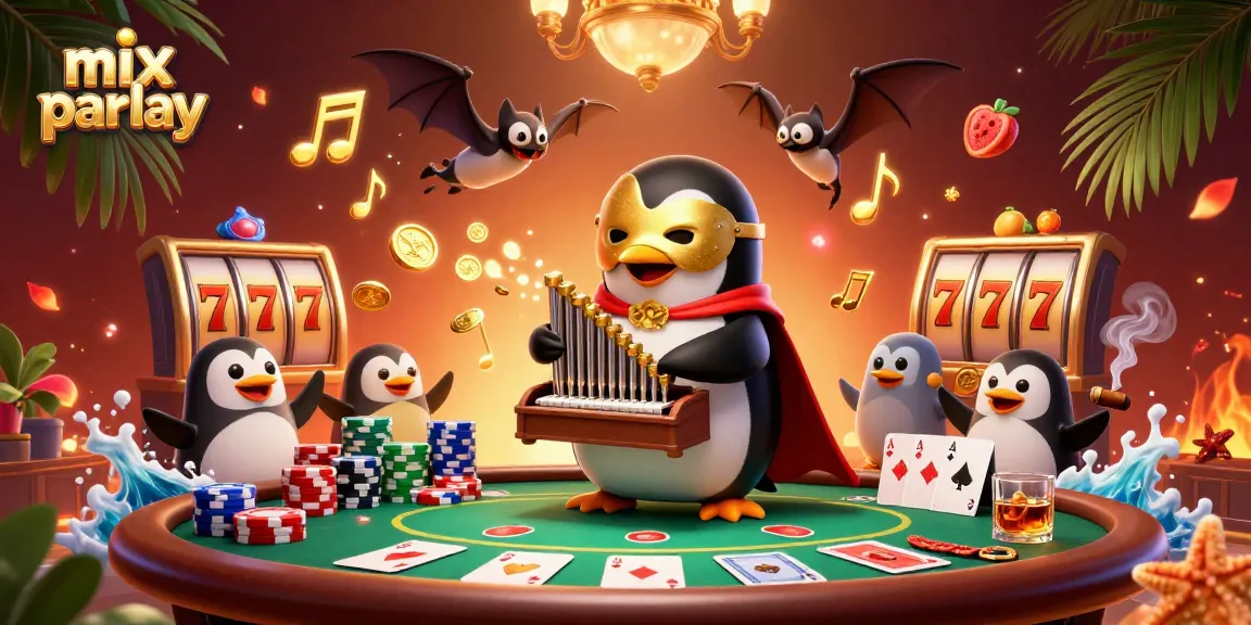 Engage with mix parlay in a vibrant scene featuring a penguin playing an organ while coins rain down.