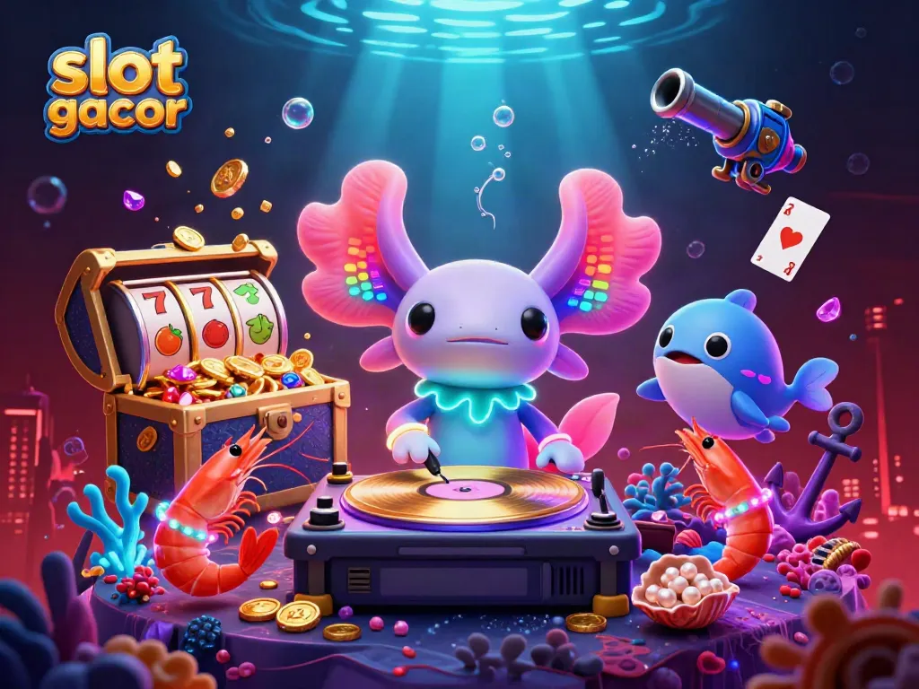 Engage with slot gacor in an exciting underwater casino scene featuring vibrant characters and game elements.