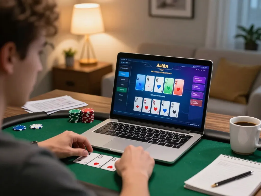 Players strategizing with fly88 poker interface at home in a cozy setting.