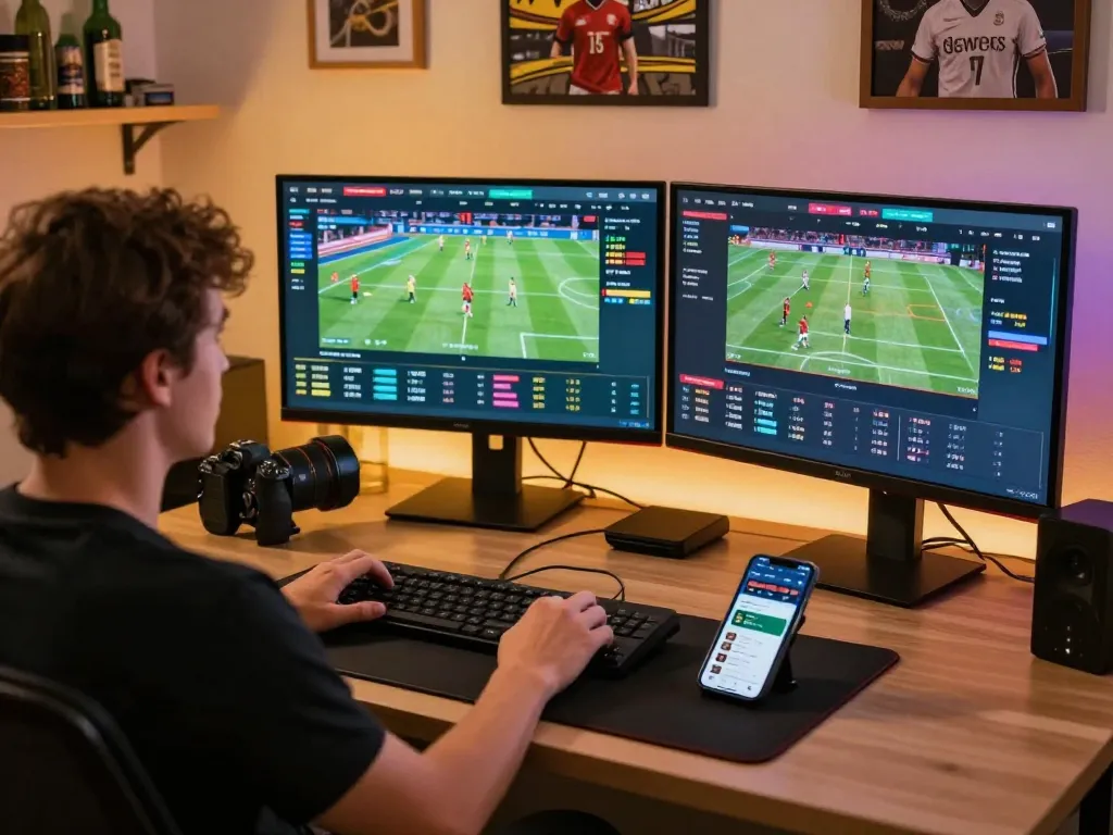 Engaging sports betting scene featuring tylekeonhacai88 on multiple screens with live odds and strategic betting.