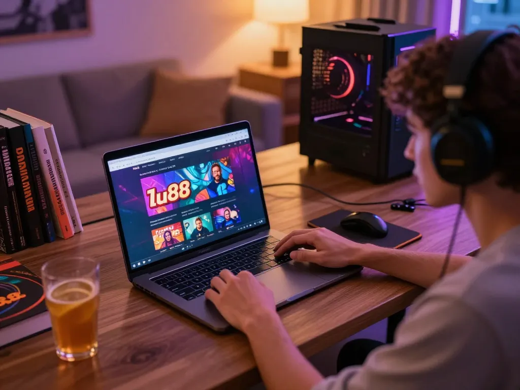 Engaging with lu88 on a laptop, showcasing an online casino interface in a cozy gaming setup.