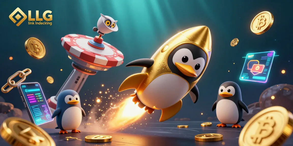 Engaging scene of LLG link indexing depicted with a golden penguin and casino elements among crypto decor.