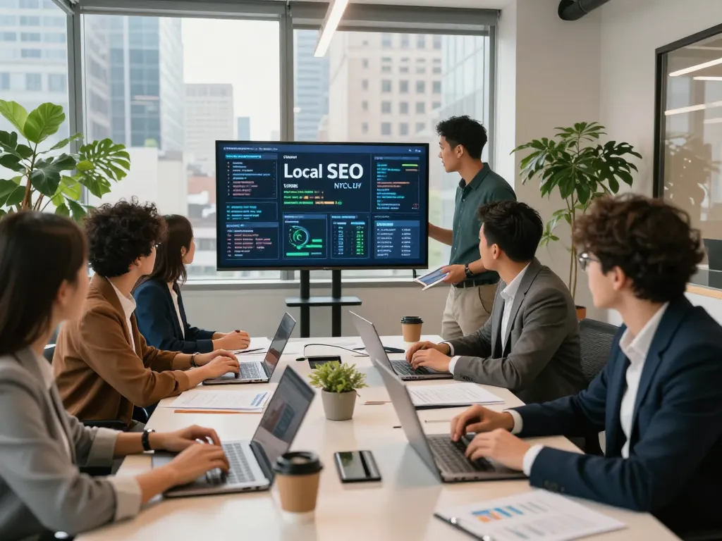 Collaboration on Local SEO NYC strategies in modern office with skyline views.