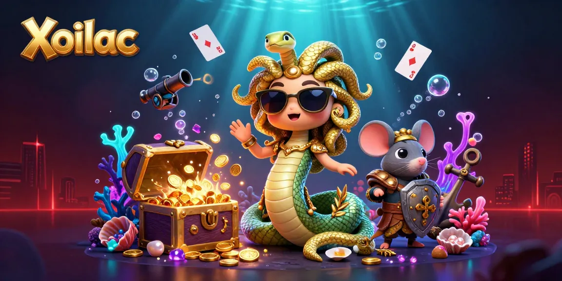 Xoilac showcases vibrant adventures with Medusa and a warrior mouse in a casino-themed underwater scene.