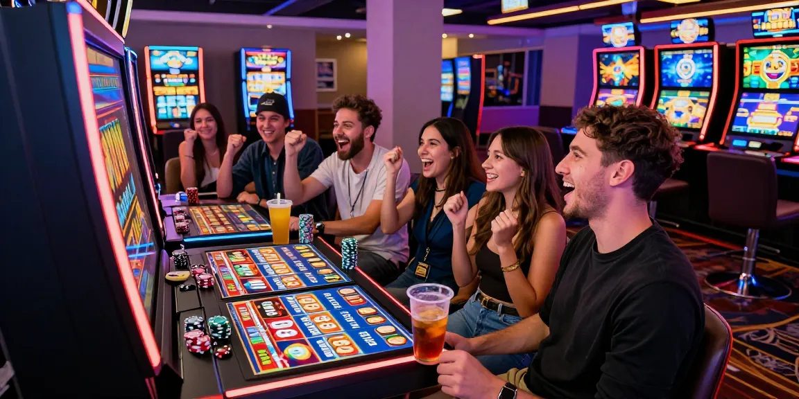 Exciting group enjoying slot modal 5k gaming experience in vibrant casino setting.