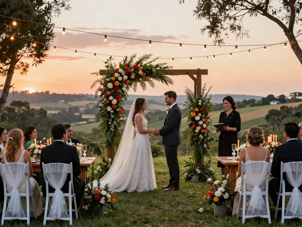 Wedding ceremony with floral decorations and guests seated for an event rentals showcase