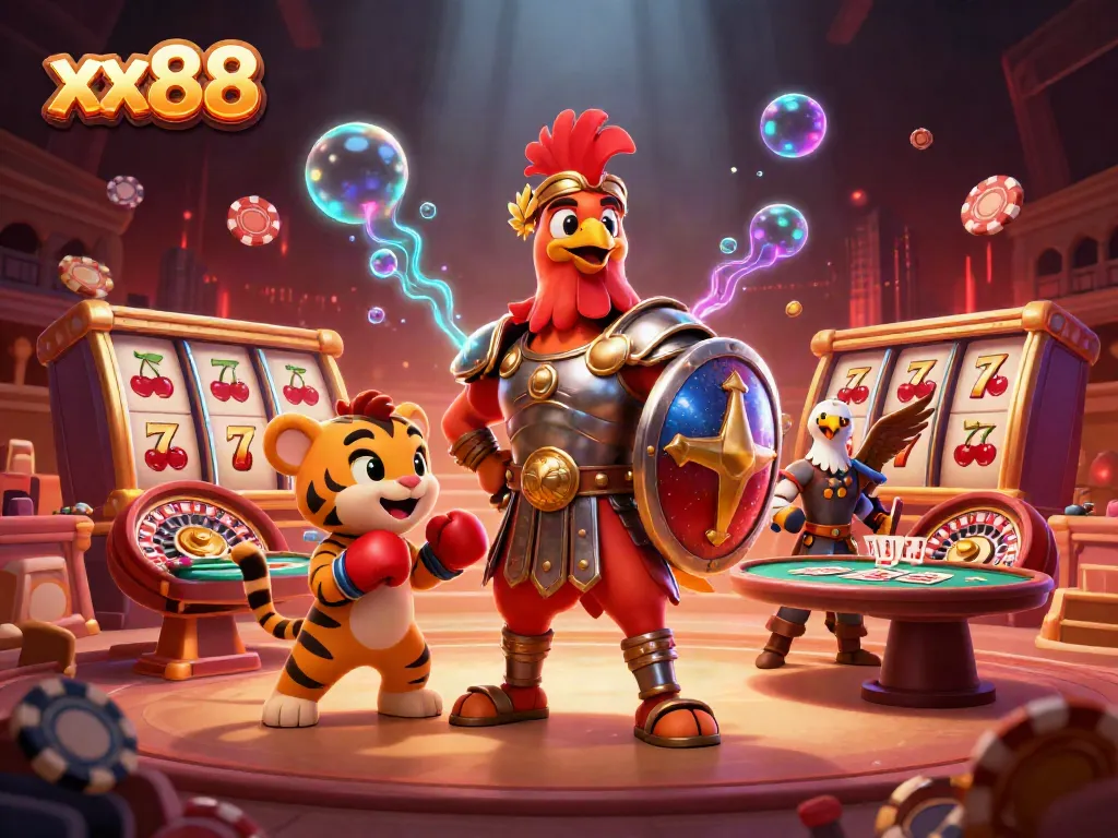 Experience the excitement of xx88 casino gaming with a vibrant 3D scene featuring a gladiator rooster and dynamic game elements.