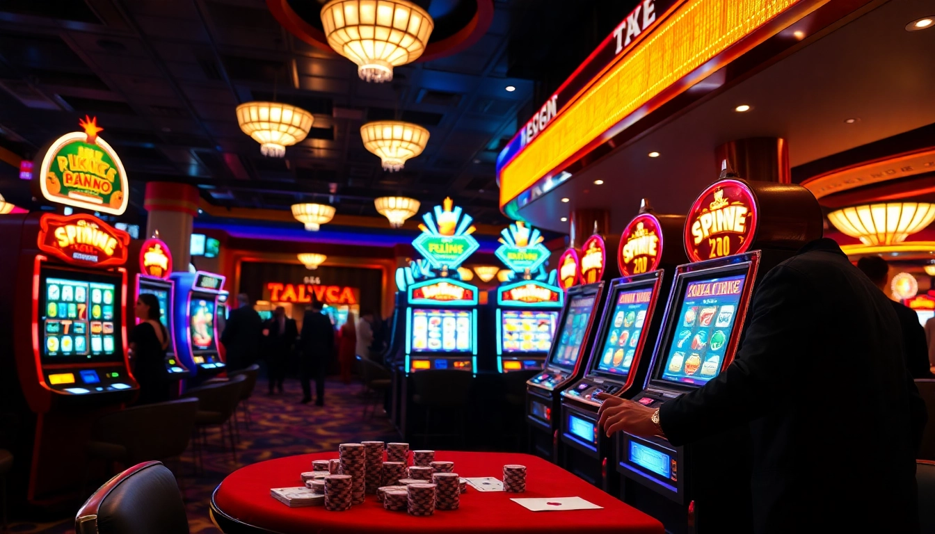 Menangkan permainan kasino dengan bbni4d, menampilkan mesin slot dan suasana meriah di kasino.
