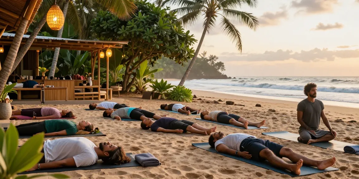 Group practicing yoga during training in Sri Lanka, serene beach setting.