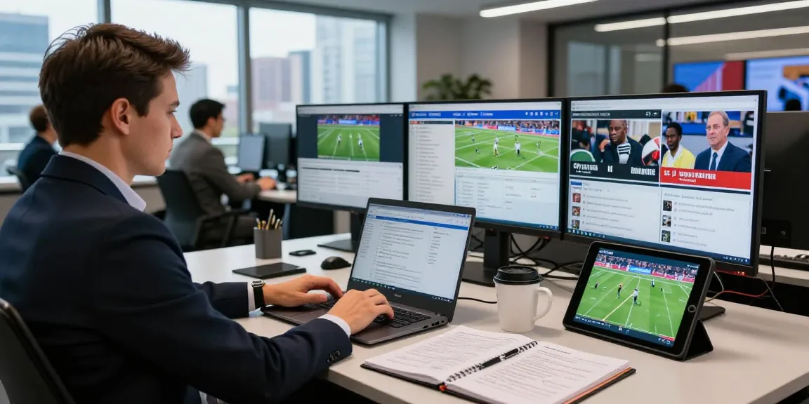 Media Upin newsroom featuring journalists analyzing live sports updates and injuries for upcoming tournaments.