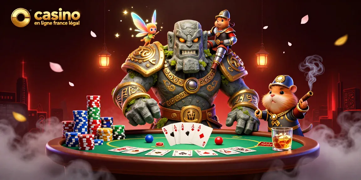 Afficher un golem ancien et un hamster chevalier dans un casino en ligne France légal, entourés de jetons.