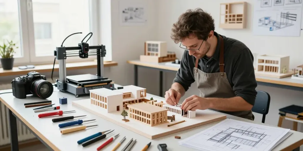 Architectural model maker in Germany focused on crafting detailed scale models in a well-lit workshop.