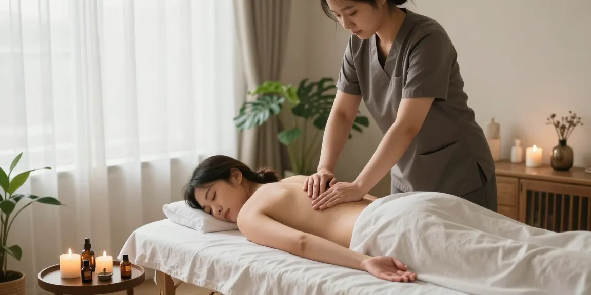 화곡동출장안마 세션을 받는 고객과 전문 마사지사, 아늑한 분위기의 거실에서 편안하게 누운 모습