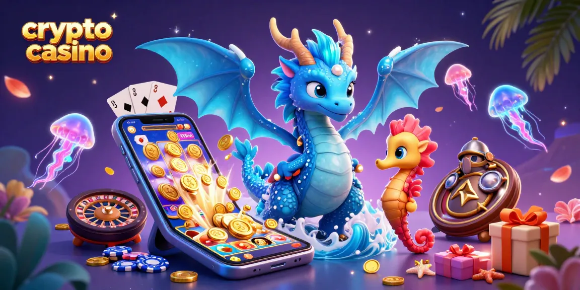 Assistez aux aventures du casino crypto avec un dragon azur et un chevalier hippocampe, entourés de jeux brillants.