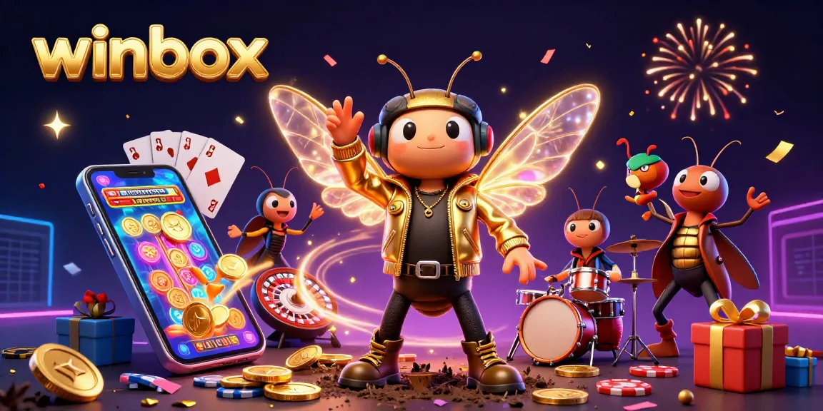 Winbox's vibrant casino world thrives as a cicada rock star dazzles with electric wings amidst slot games and celebratory elements.