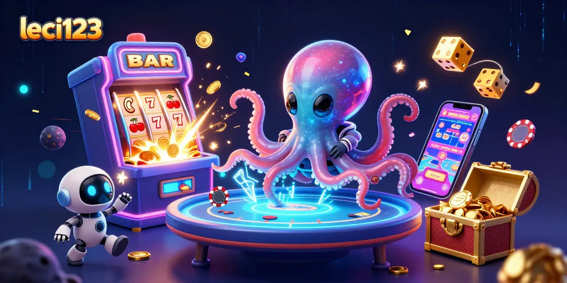 Engage with leci123's thrilling casino experience as an alien octopus plays poker amidst vibrant gaming elements.