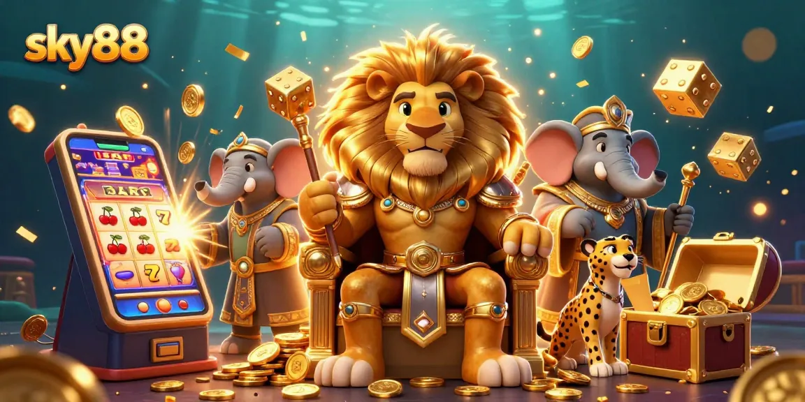 Experience the thrill of sky88 with a majestic lion king and dynamic casino elements in a vibrant scene.