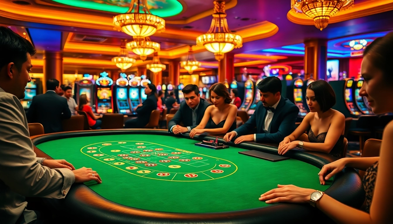 Engaging scene of Non Uk Casino 2025 players at poker tables in a vibrant casino atmosphere.