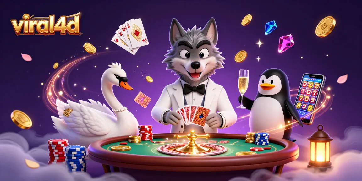 Spin for big wins with viral4d as a debonair wolf, elegant swan, and penguin sommelier deal cards.
