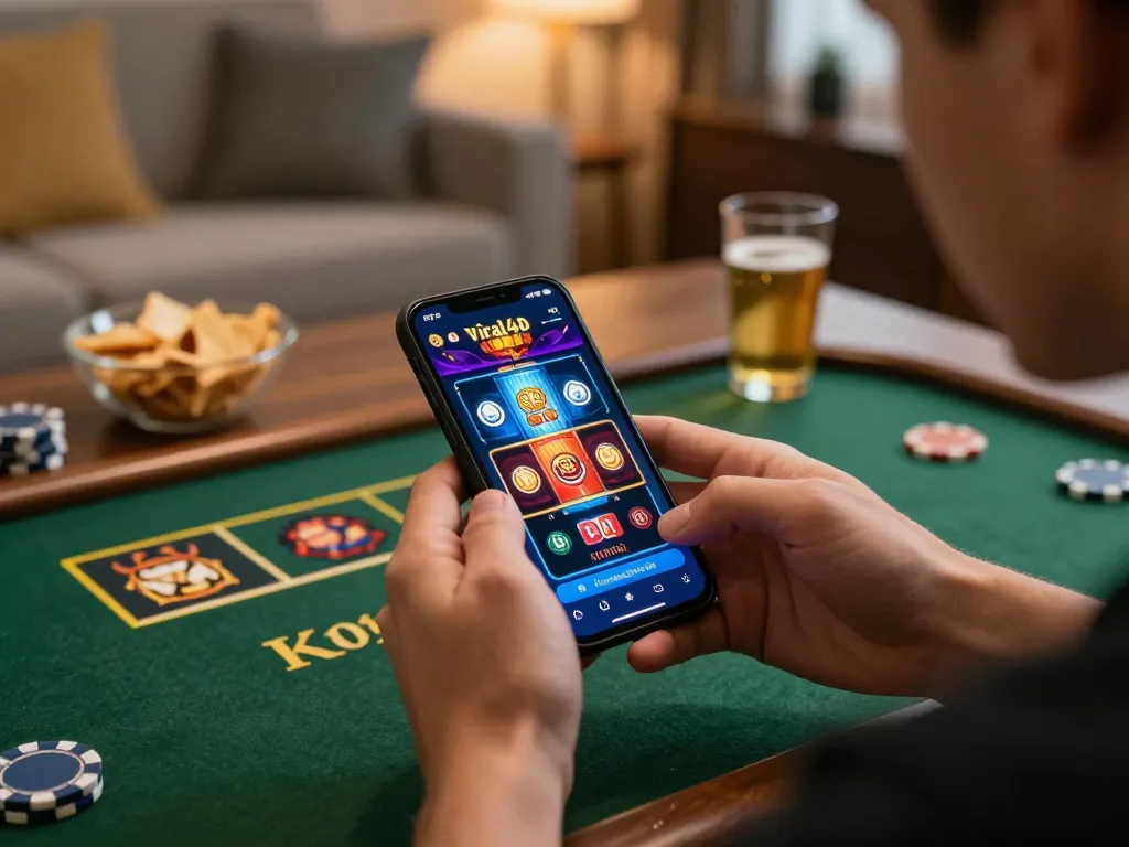 Player enjoying viral4d online casino on smartphone, cozy home setting with snacks and warm lighting.